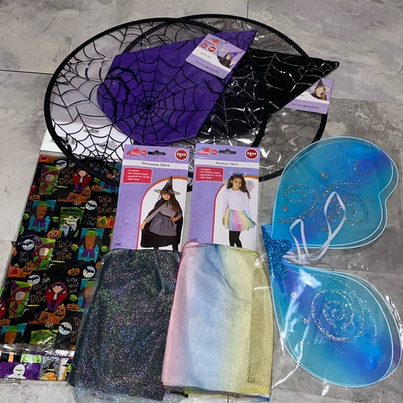 Halloween witch hat costume rainbow skirt kids girl play fairy wings - Picture 1 of 5